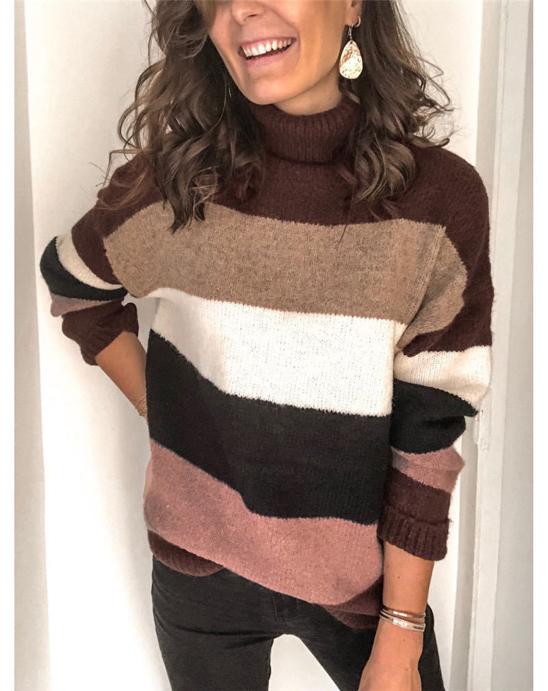 Damen modischer Strickpullover mit lässigem Rollkragen und farbiger Blockgestaltung R&B