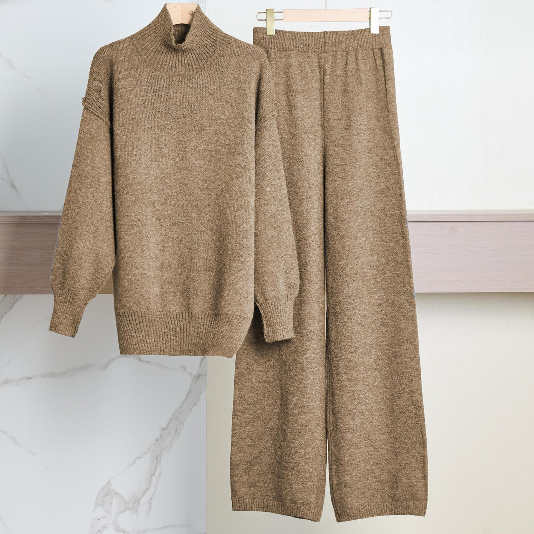 Damen Gemütliches Strickensemble mit hohem Kragen und weit geschnittenen Hosen R&B
