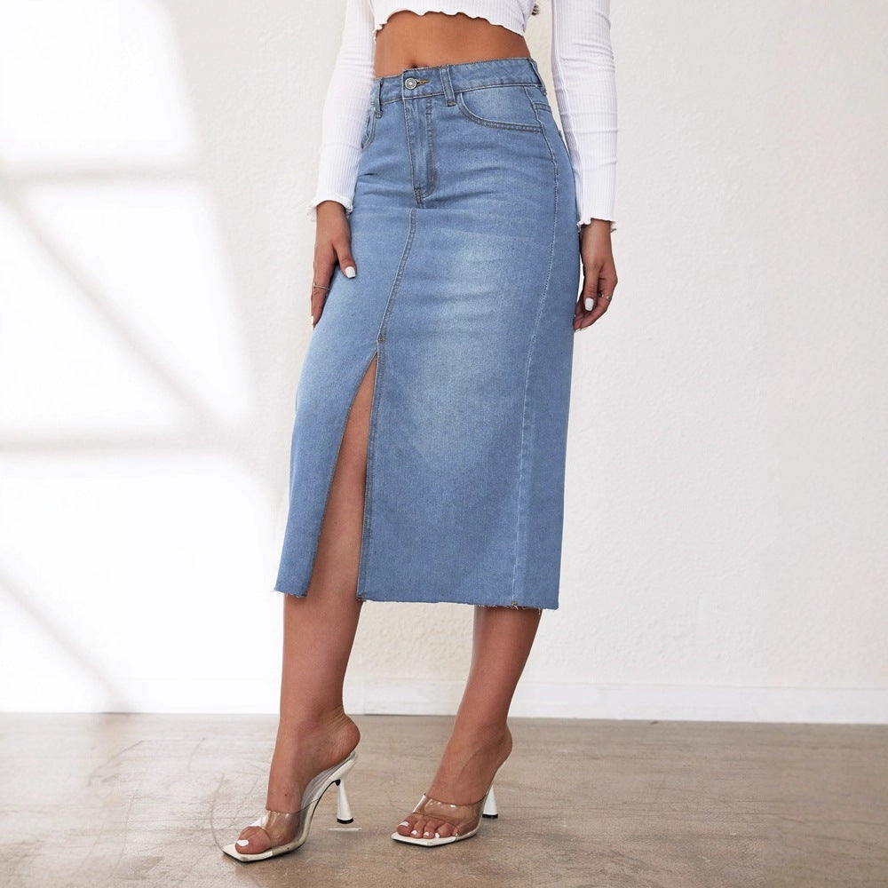 Damen Midi-Denimrock mit Schlitz und lässigem A-Linien-Schnitt R&B