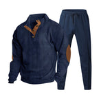 Herren nan gerippter Henley-Freizeitanzug mit dekorativer Knopfleiste und Wildleder-Ellenbogenpatch konisch geschnittene Jogginghose R&B