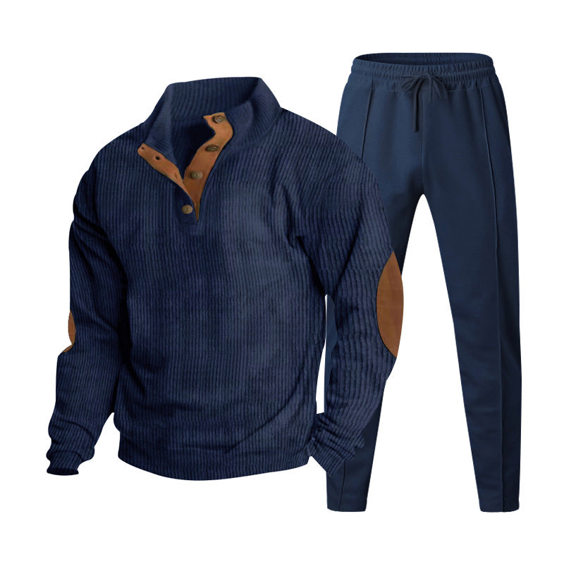 Herren nan gerippter Henley-Freizeitanzug mit dekorativer Knopfleiste und Wildleder-Ellenbogenpatch konisch geschnittene Jogginghose R&B