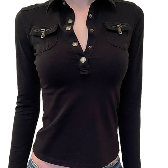 Damen Poloshirt mit stylischen Taschen und eleganten Druckknöpfen R&B