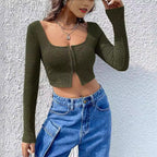 Damen Cropped Oberteil mit Reißverschluss und langem Arm R&B