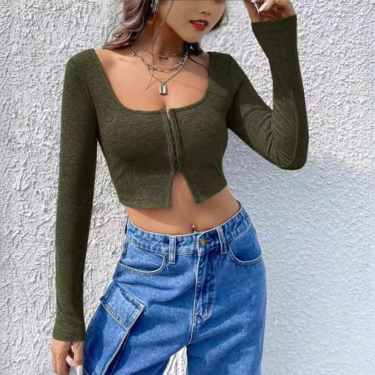 Damen Cropped Oberteil mit Reißverschluss und langem Arm R&B