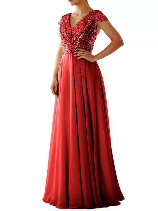 R&B | Damen Kleider V-Ausschnitt Paillette Chiffon Paneel Maxi Kleid
