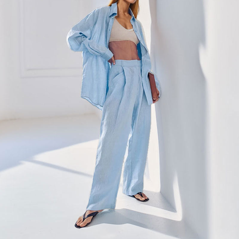 Damen lässiges Leinen-Hemd- und Hosen-Set R&B
