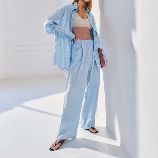 Damen lässiges Leinen-Hemd- und Hosen-Set R&B