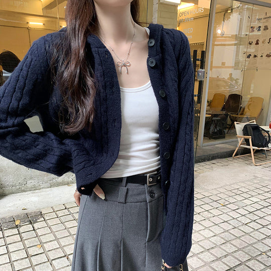 Damen Strickjacke mit Kapuze und Zopfmuster R&B
