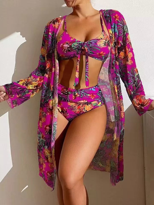 Damen Bikini-Set mit floralen Mustern und luftiger Kimono-Überjacke R&B