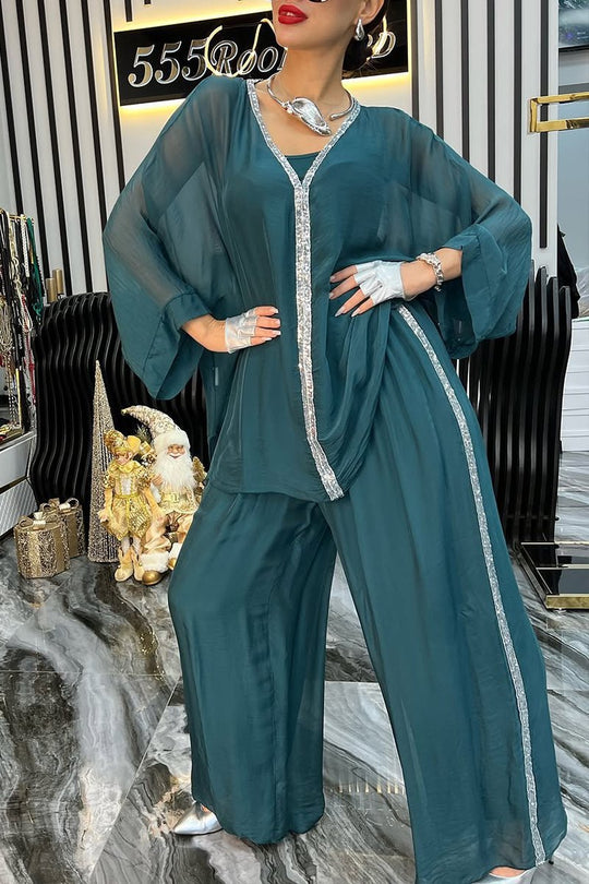 Damen elegante und luftige Bluse mit weitem Schnitt und passender Hose R&B