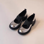 Damen elegante Plateauschuhe mit metallischer Oberfläche und modischem Überkreuz-Riemen R&B