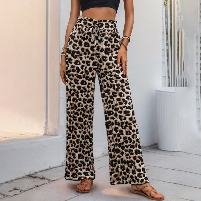 Damen Weite Leopardmuster-Hose mit elastischem Bund und Kordelzug R&B