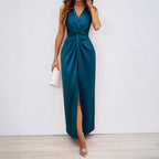 Damen Elegantes Maxikleid mit tiefem V-Ausschnitt und schwingendem Saum R&B