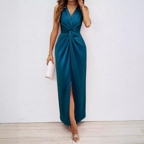 Damen Elegantes Maxikleid mit tiefem V-Ausschnitt und schwingendem Saum R&B