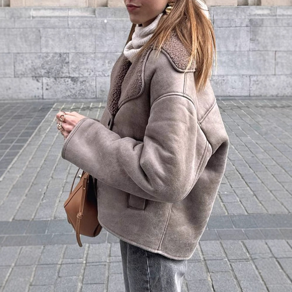 Damen Oversized Kunstlederjacke mit strukturiertem Futter und lässigem Schnitt R&B