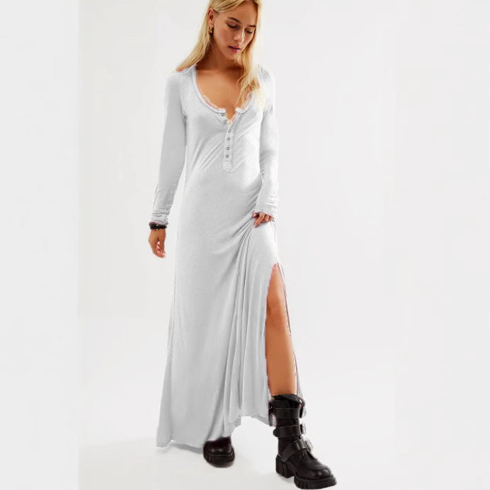 Damen Maxikleid mit knopflosem Ausschnitt und seitlichem Schlitz R&B