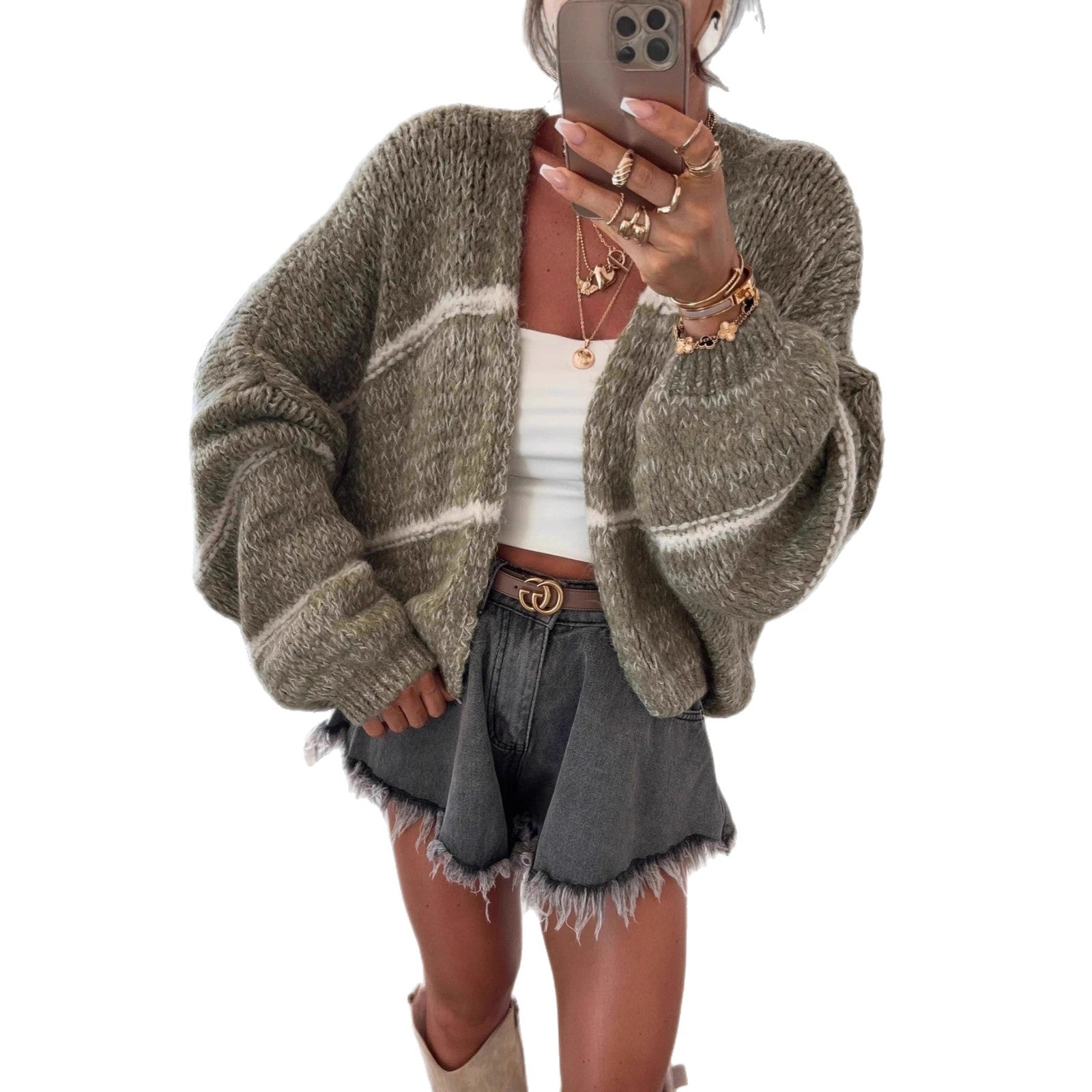 Damen Grobstrickjacke mit lässigem Schnitt und modischem Streifenmuster R&B