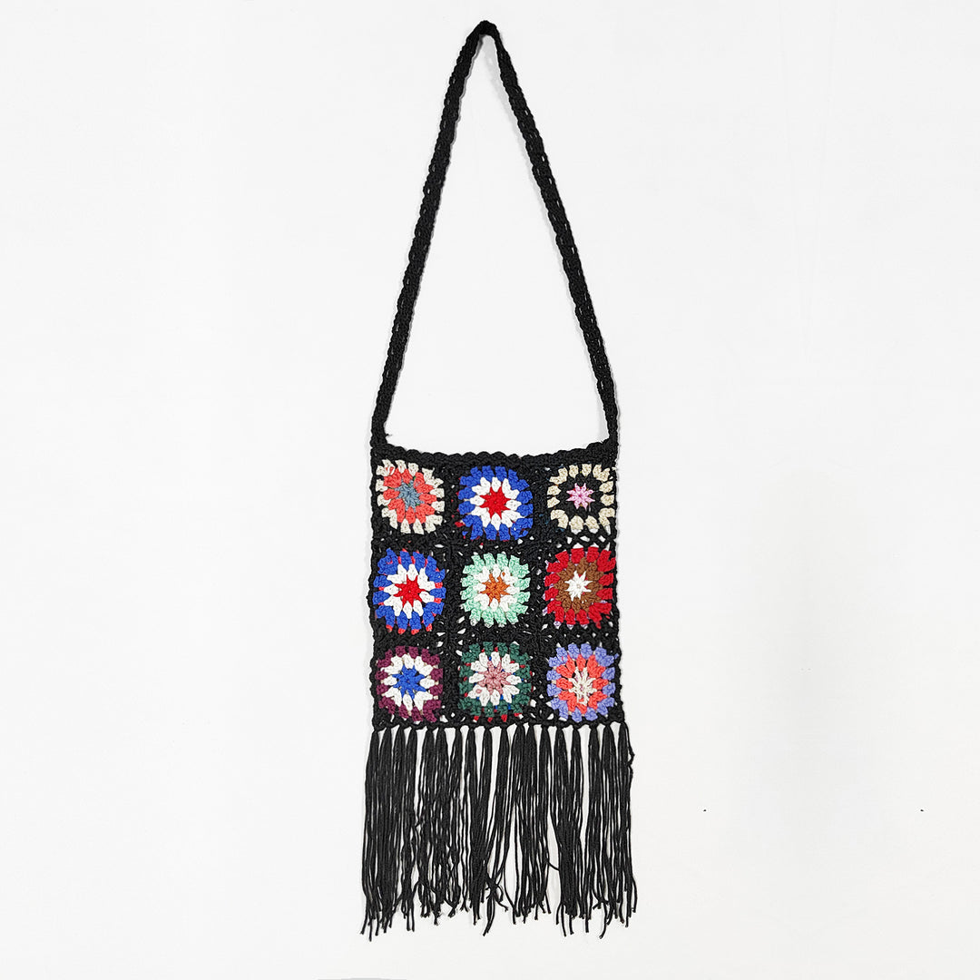 Damen gehäkelte Umhängetasche mit bunten Blumenmustern und Fransen R&B