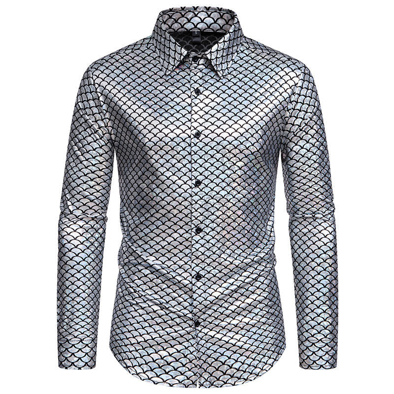 Herren schimmerndes Langarmhemd mit Fischschuppen-Design R&B