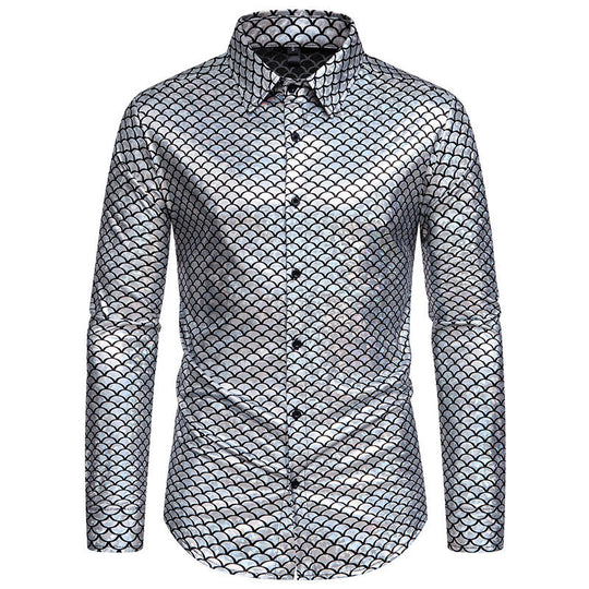 Herren schimmerndes Langarmhemd mit Fischschuppen-Design R&B
