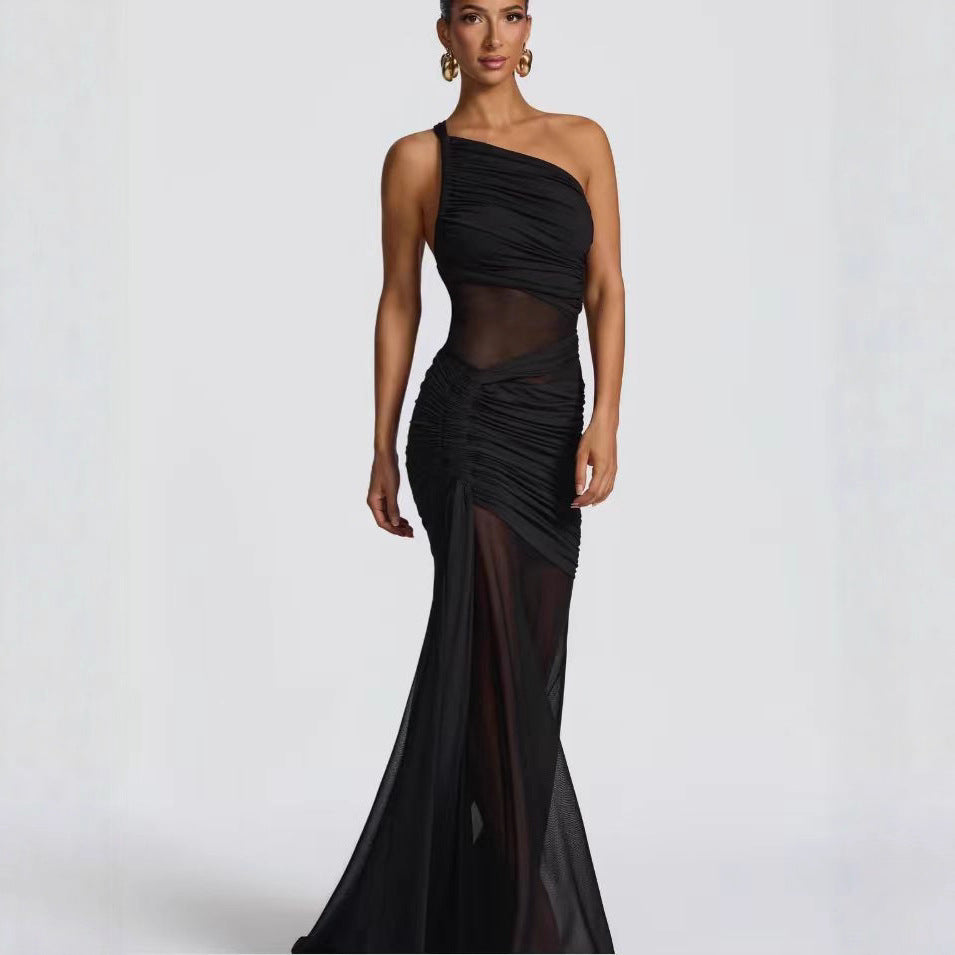 Damen Elegantes asymmetrisches Maxikleid mit Raffungen und transparenten Einsätzen R&B
