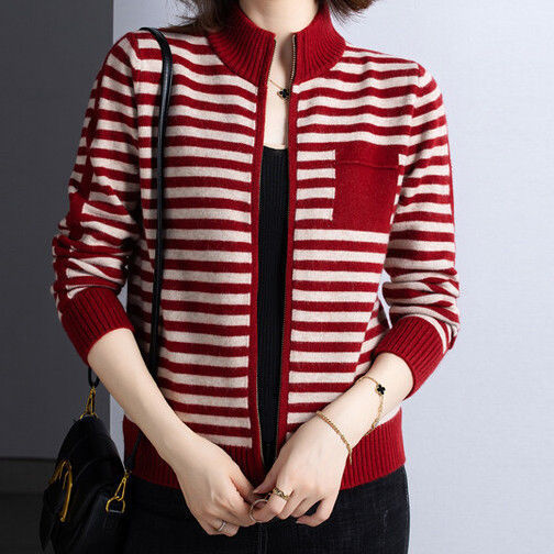 Damen Strickjacke mit Stehkragen und Reißverschluss R&B