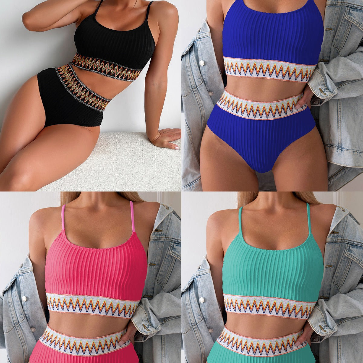 Damen Bikini-Set mit figurbetonendem Rippenmuster und buntem Elastikbund R&B