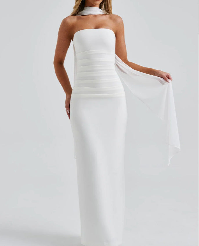 Damen Trägerloses Abendkleid mit raffiniertem Wickeldesign und zarten Chiffon-Ärmeln R&B