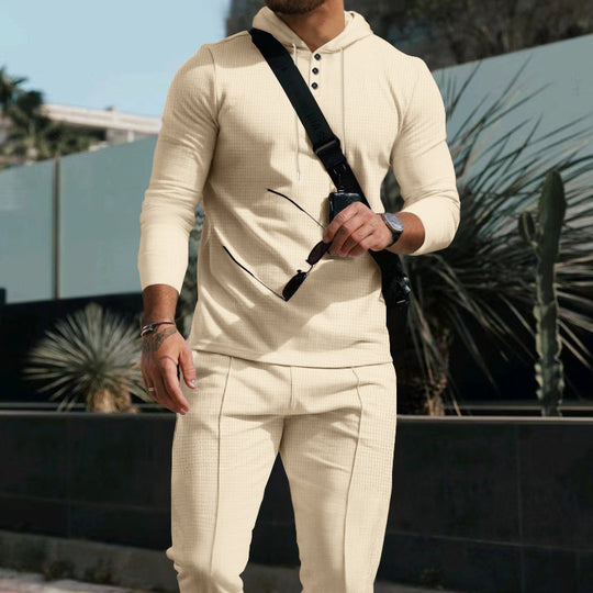 Herren nan schlank geschnittenes Kapuzenshirt mit Henley-Knopfleiste und konisch zulaufender Chino-Hose Set R&B