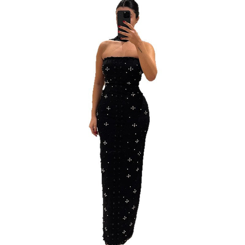 Damen Couture Maxikleid mit schimmernden Pailletten und strapless Design R&B