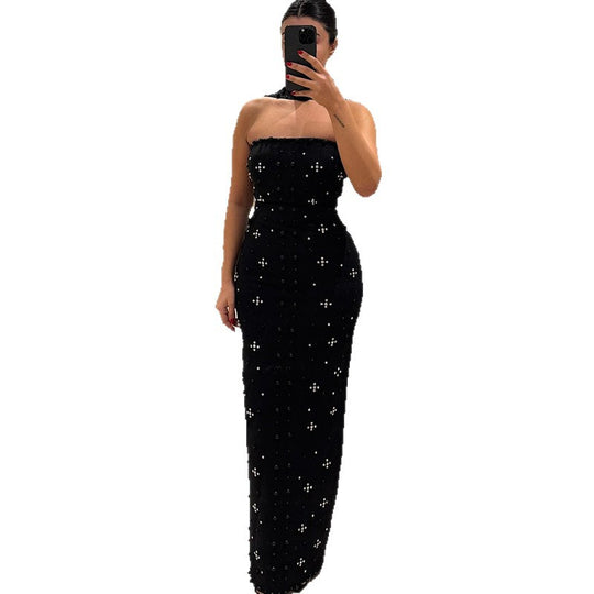 Damen Couture Maxikleid mit schimmernden Pailletten und strapless Design R&B