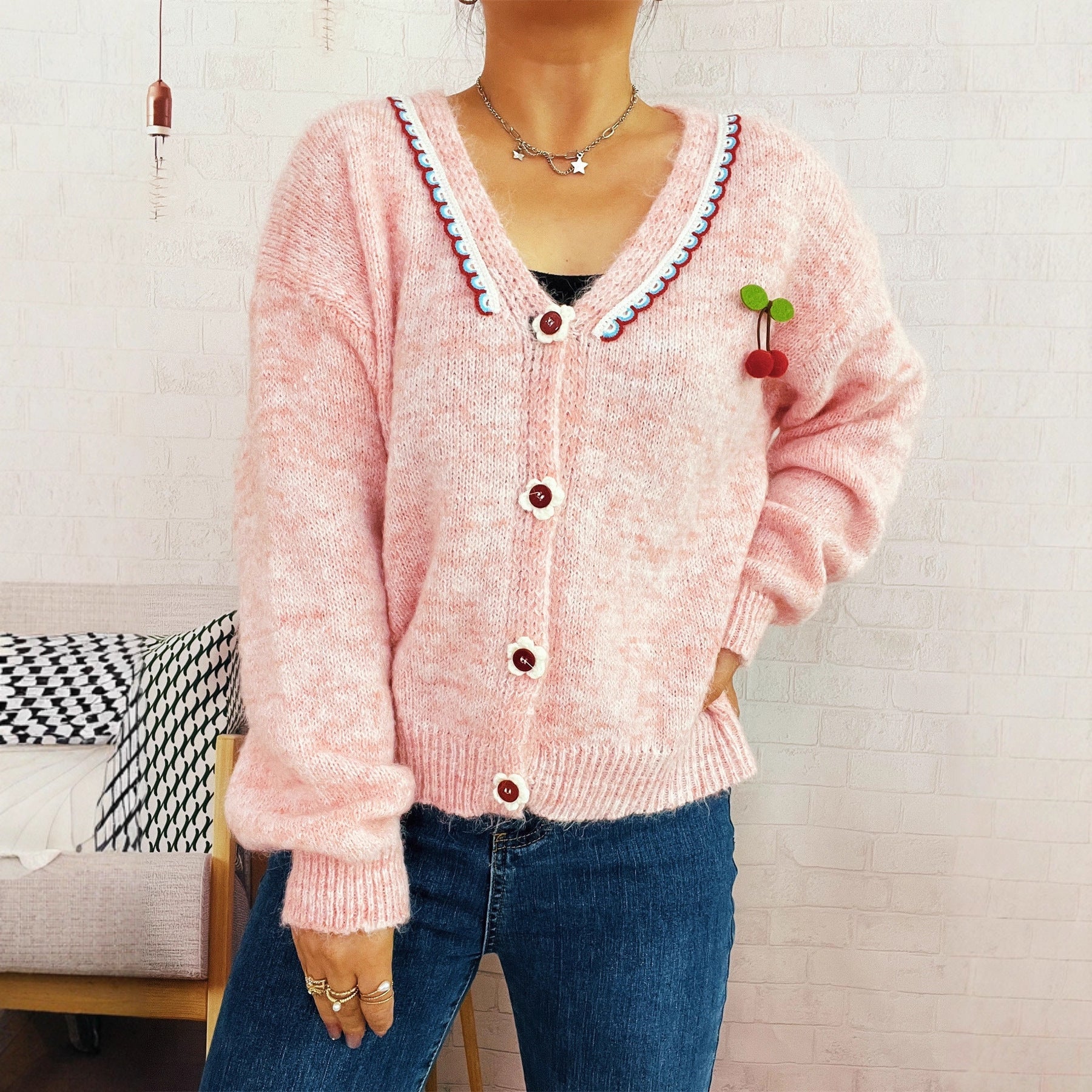 Damen verspielte Strickjacke mit buntem Knopfdesign und hohem Komfort R&B
