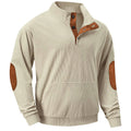 Herren nan geripptes Stehkragen-Pullover mit Knopfleiste, Kängurutasche und Wildleder-Ellenbogenpatches R&B