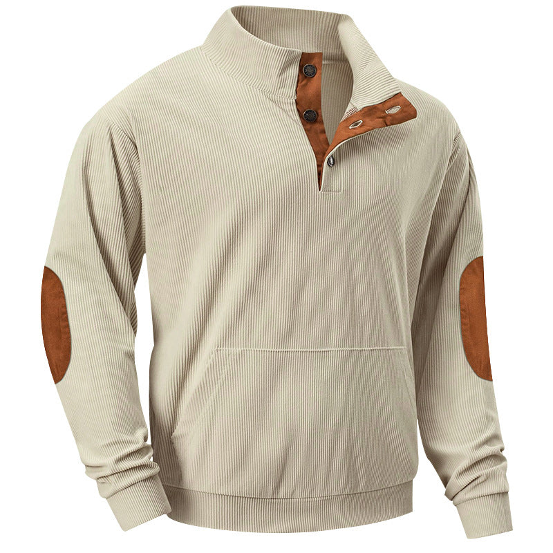 Herren nan geripptes Stehkragen-Pullover mit Knopfleiste, Kängurutasche und Wildleder-Ellenbogenpatches R&B