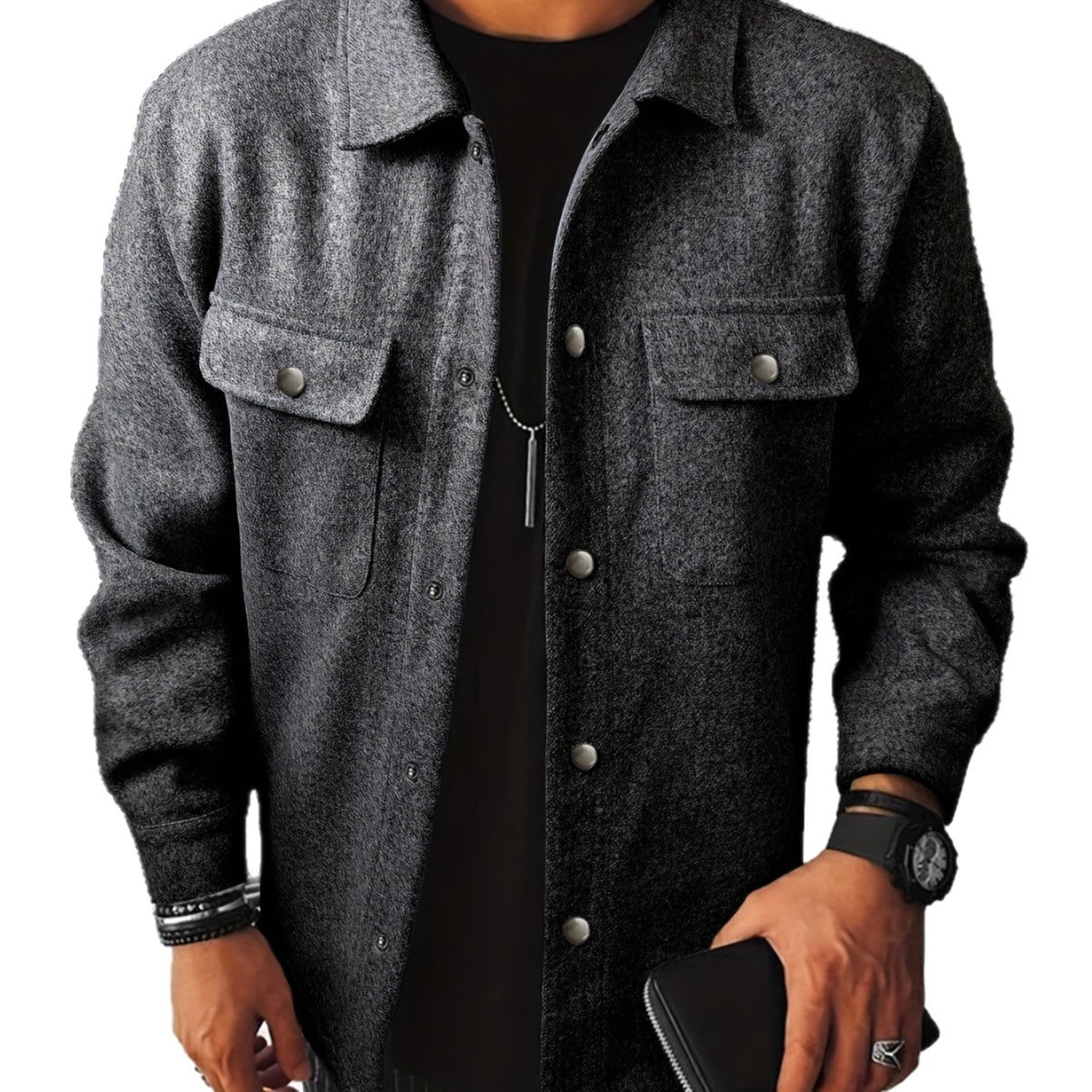 Herren nan Hemdenjacke aus Wollmix mit Druckknöpfen und Pattentaschen R&B