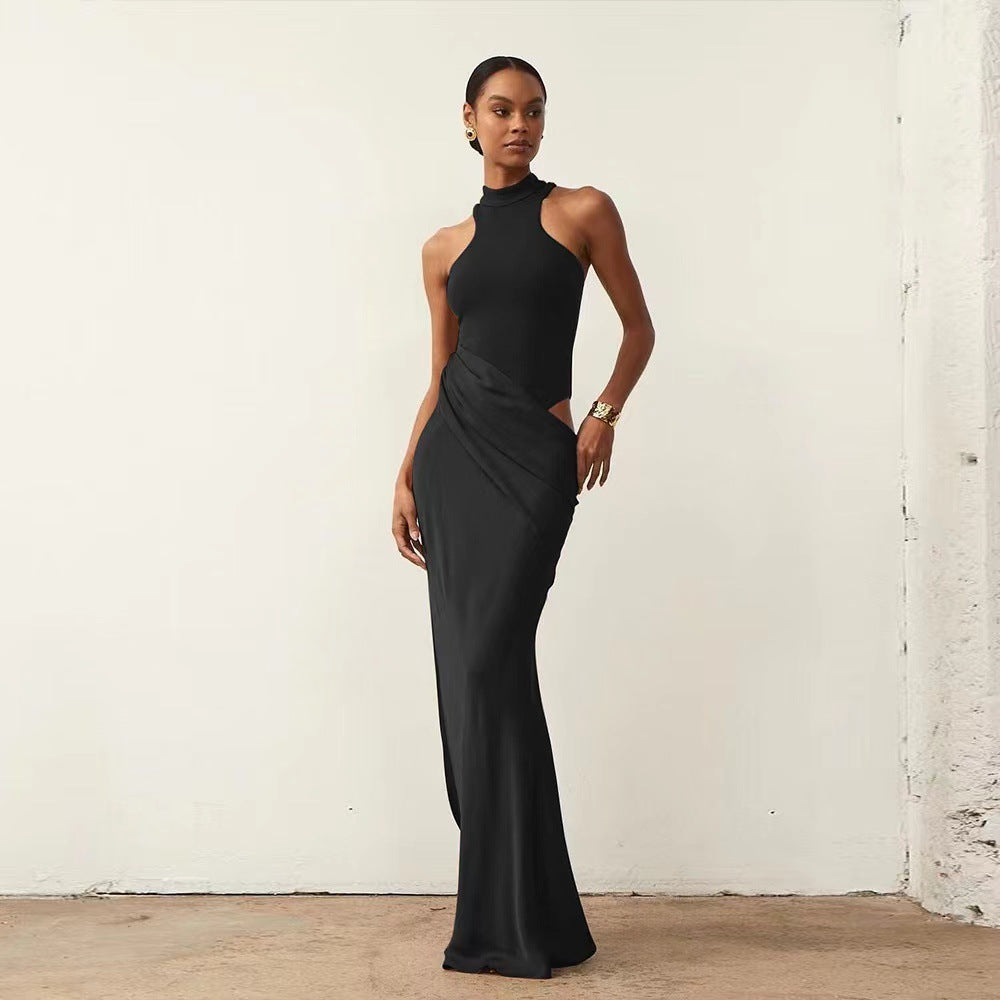 Damen Elegantes bodenlanges Kleid mit hochgeschlossenem Kragen und asymmetrischer Drapierung R&B