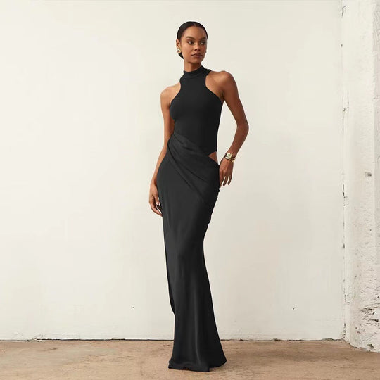 Damen Elegantes bodenlanges Kleid mit hochgeschlossenem Kragen und asymmetrischer Drapierung R&B