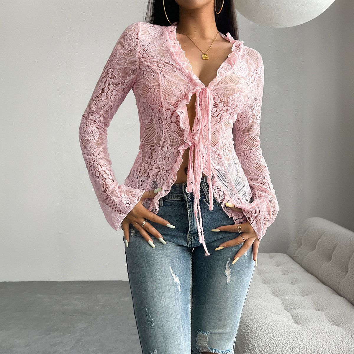 Damen Spitzenbluse mit Rüschendetails und tailliertem Schnitt R&B