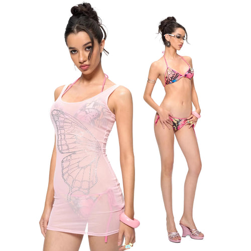Damen Figurformendes Minikleid mit Schmetterlingsmotiv und Glitzersteinen R&B