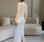Damen Strick-Maxikleid mit seitlichem Schlitz und elegantem Muster R&B