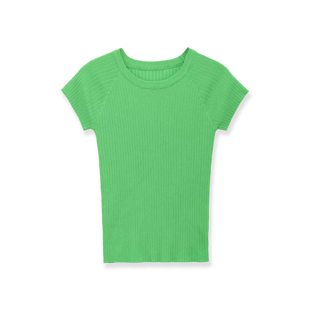 Damen figurbetontes Ripp-T-Shirt mit kurzen Ärmeln R&B
