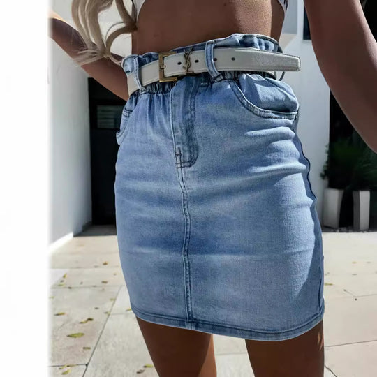 Damen Denim-Rock mit hohem Bund und modischem Gürtel R&B