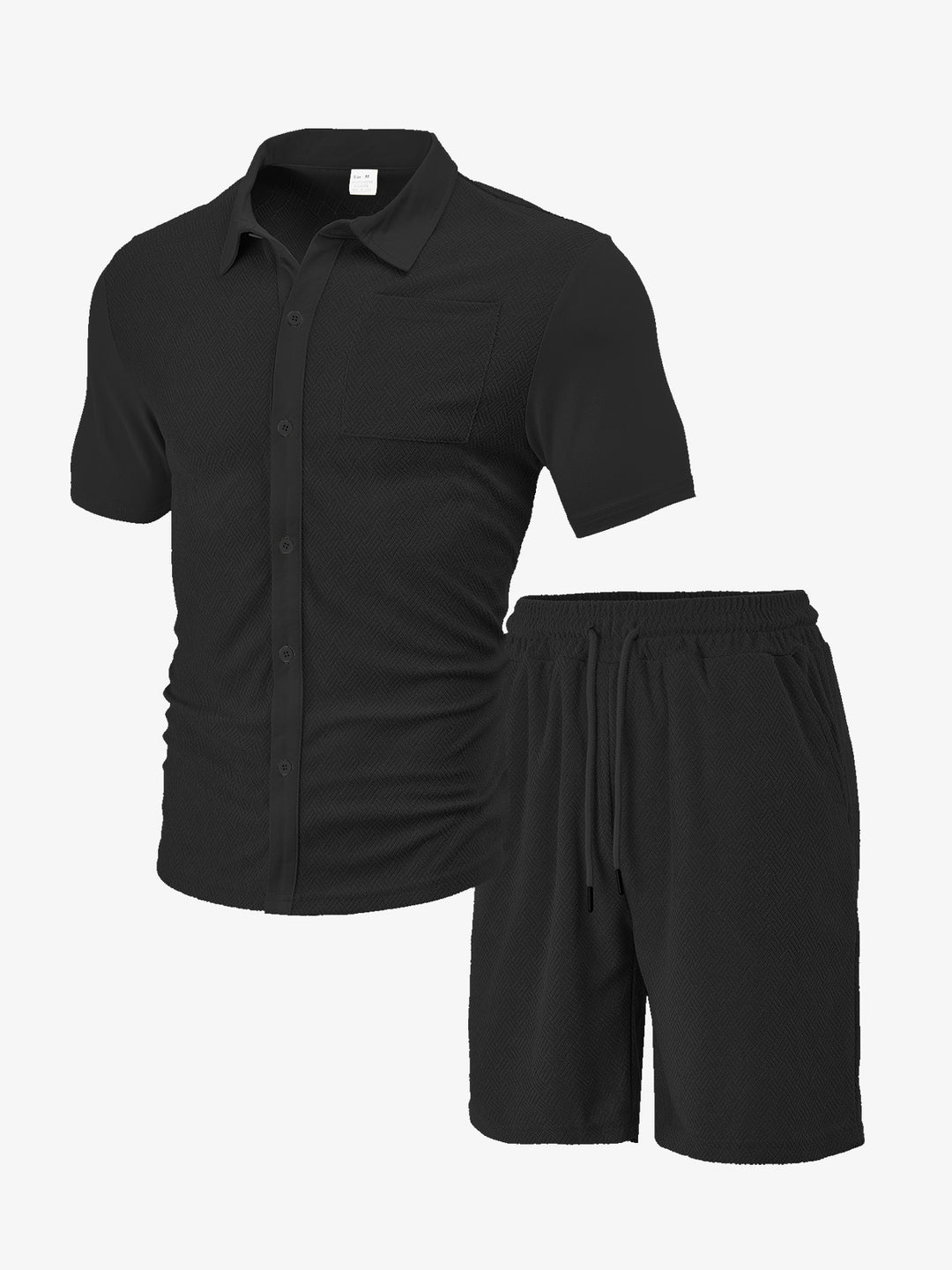 Herren nan durchgeknöpftes Freizeitset mit Hemdkragen Fischgrätstruktur Brusttasche und Kordelzug-Bermuda R&B