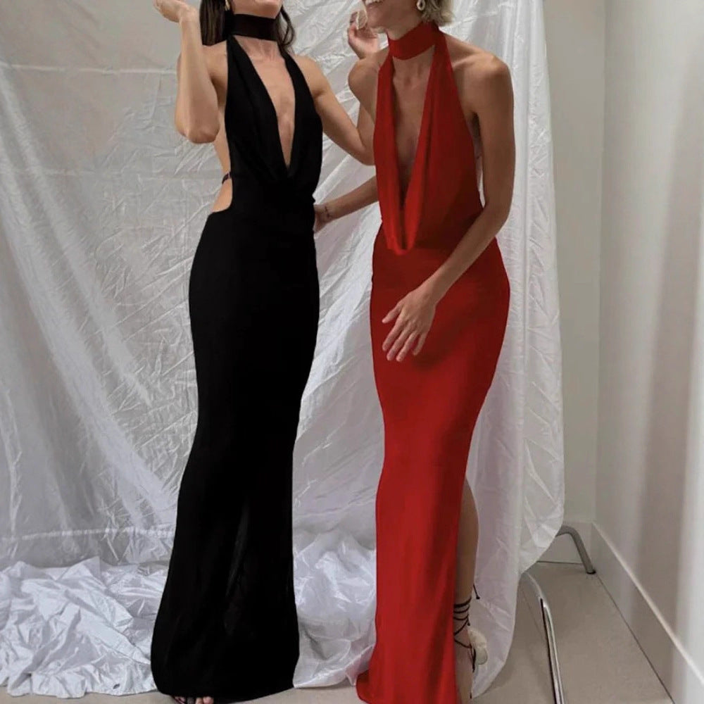 Damen Maxikleid mit elegantem Wasserfallausschnitt und figurbetontem Design R&B