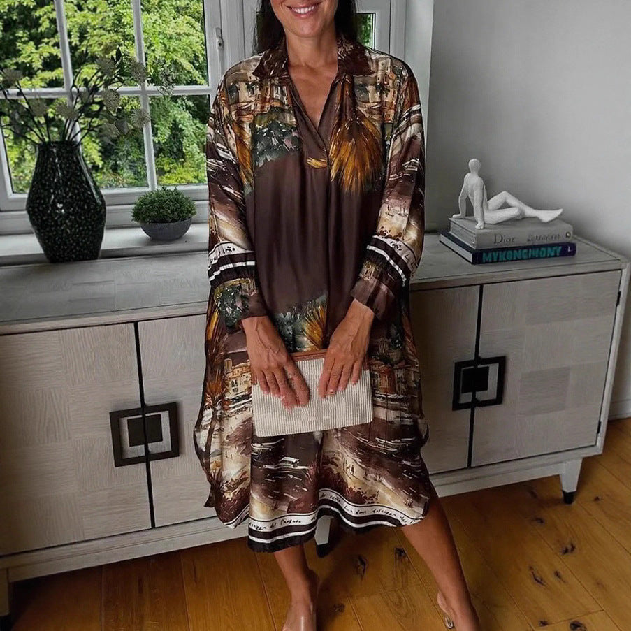 Damen nan Seidenoptik-Hemdkleid im Kaftanstil mit illustrativem Küstenprint R&B