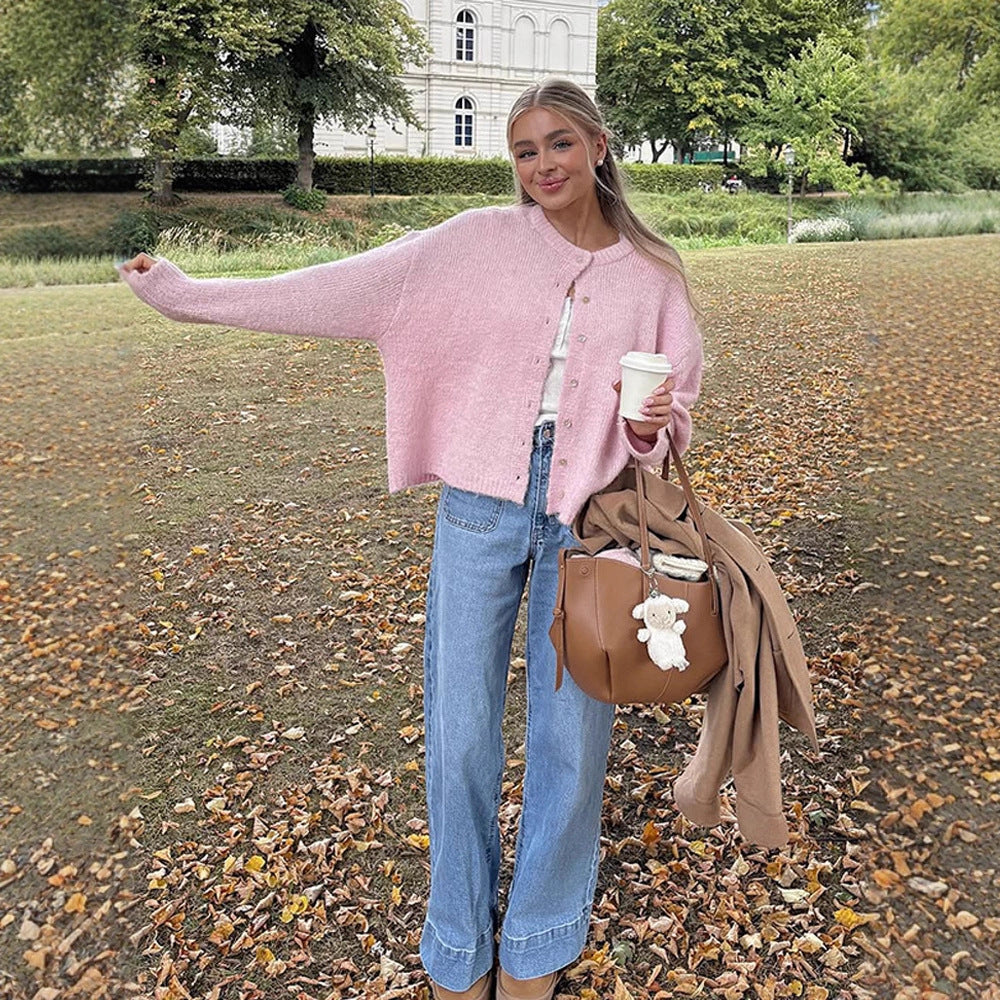 Damen lässige Strickjacke mit weitem Schnitt und Knopfdetails R&B