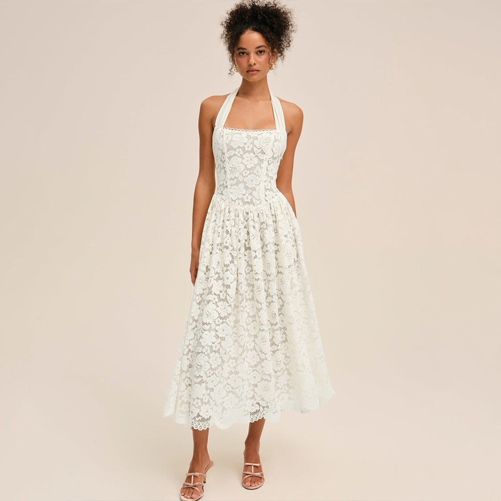 Damen Elegant Spitzenkleid mit geflochtenem Träger R&B