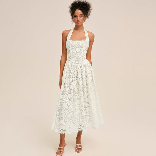 Damen Elegant Spitzenkleid mit geflochtenem Träger R&B