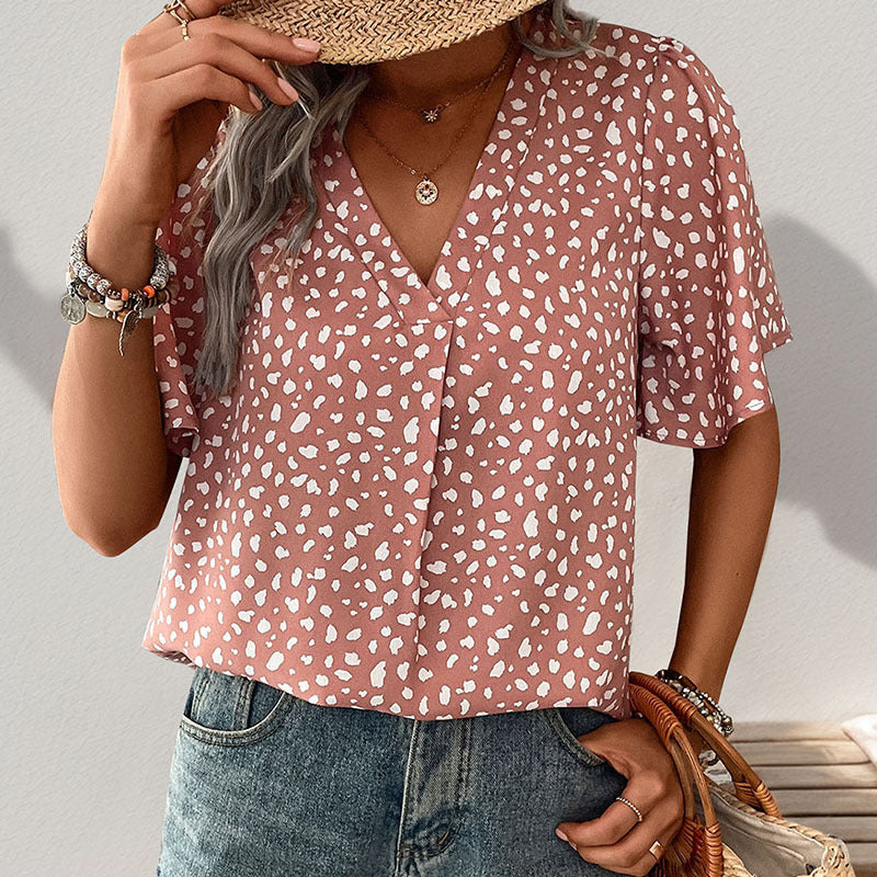 Damen V-Ausschnitt T-Shirt mit Leopardenmuster und fließendem Schnitt R&B