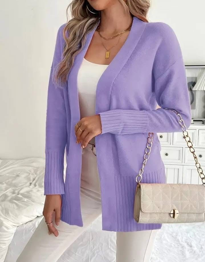 Damen Langer Strickcardigan mit feinen Rippdetails und lässigem Schnitt R&B